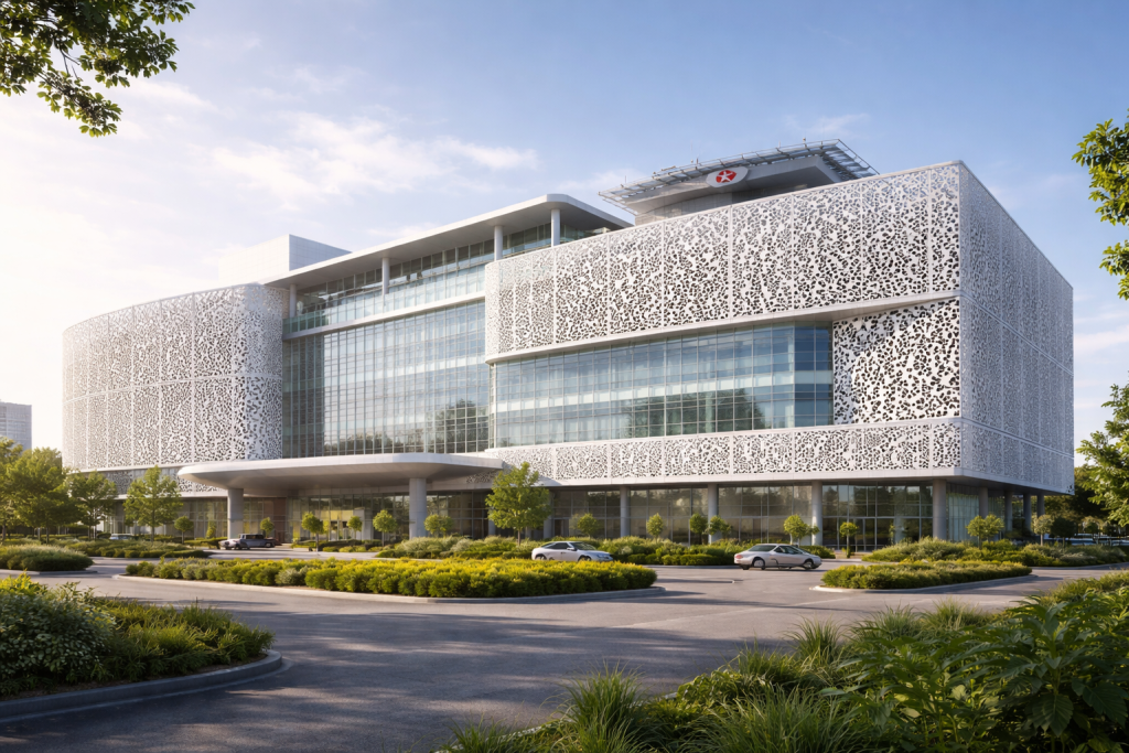 Desain Rumah Sakit Modern dengan Fasad GRC Krawangan sebagai Elemen Arsitektur chatgpt image feb 21, 2026, 09 28 11 am