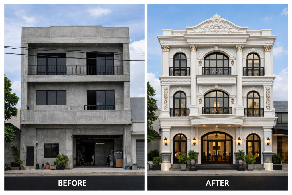 Transformasi fasad bangunan sebelum dan sesudah menggunakan GRC panel custom