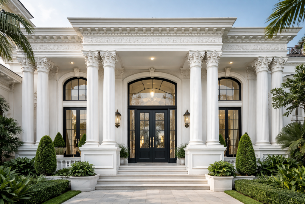 Kolom GRC klasik dan lisplang GRC sebagai elemen dekoratif fasad bangunan mewah