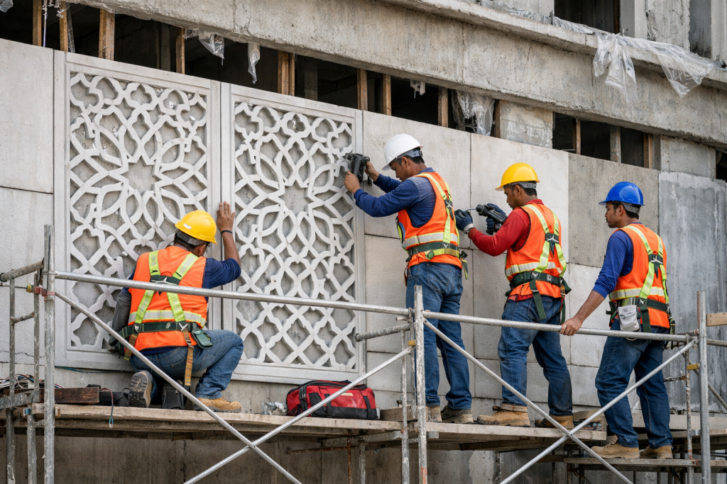 Proses instalasi jasa GRC fasad bangunan oleh tim profesional GRC Artikon