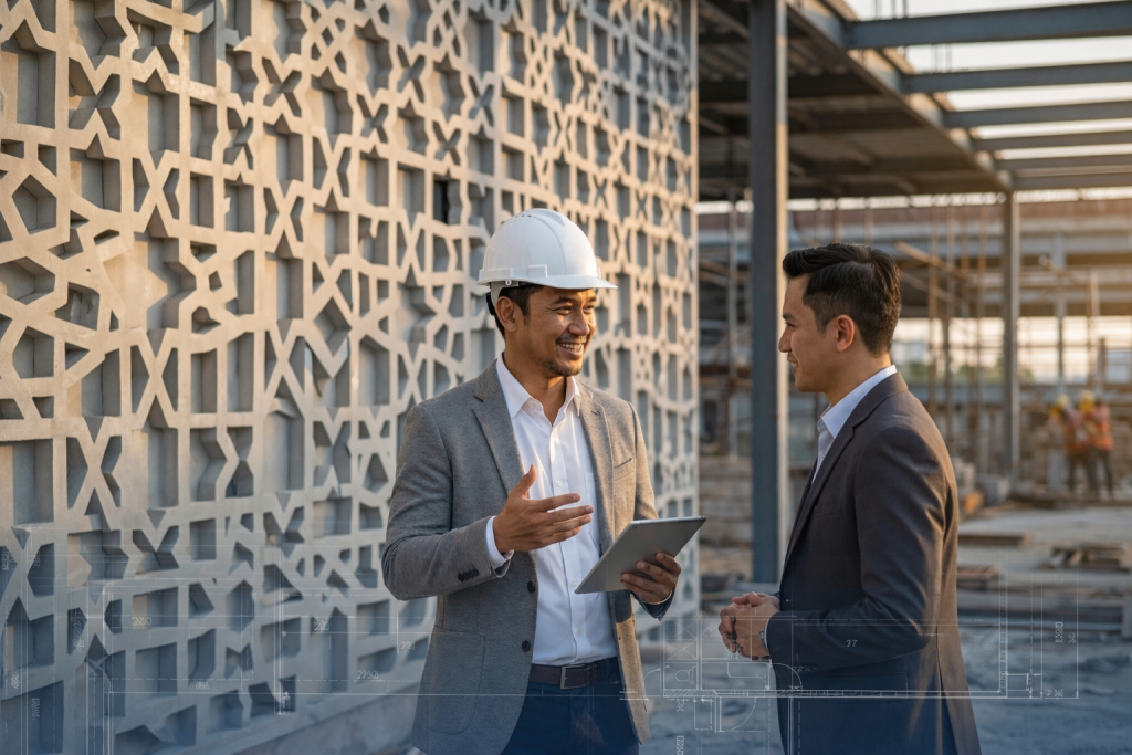 Manajer proyek merencanakan anggaran fasad bangunan 2026 di lokasi konstruksi