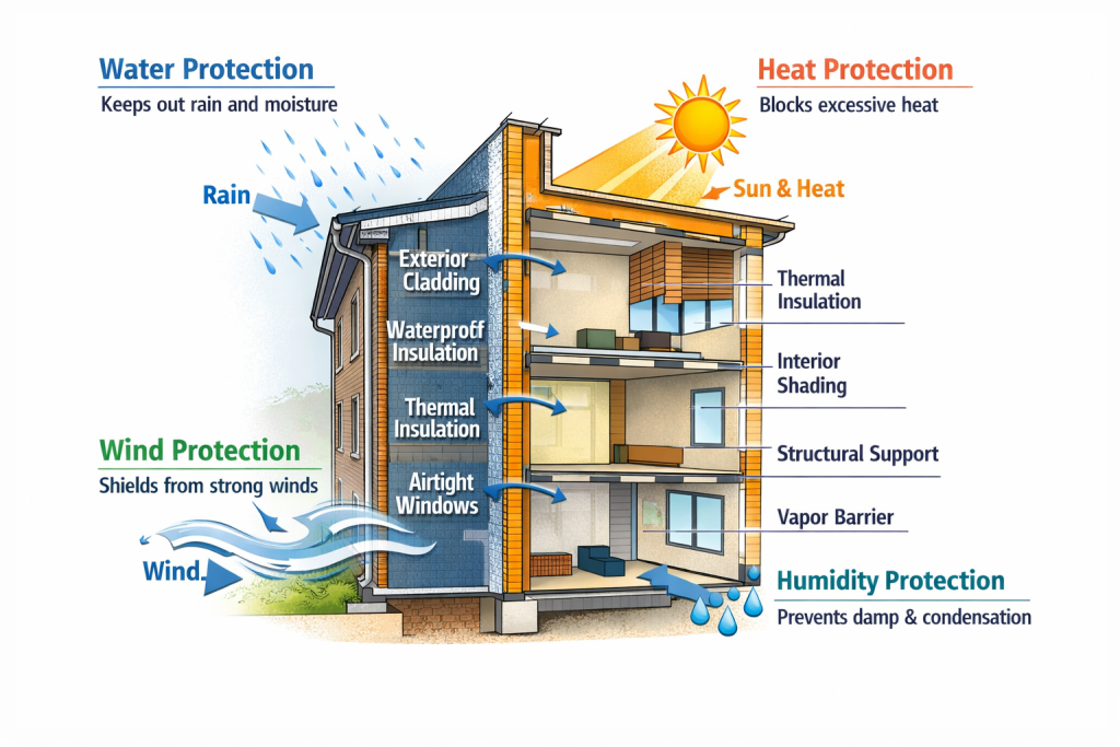  Ilustrasi fungsi fasad bangunan sebagai pelindung struktur dari cuaca dan kelembapan
