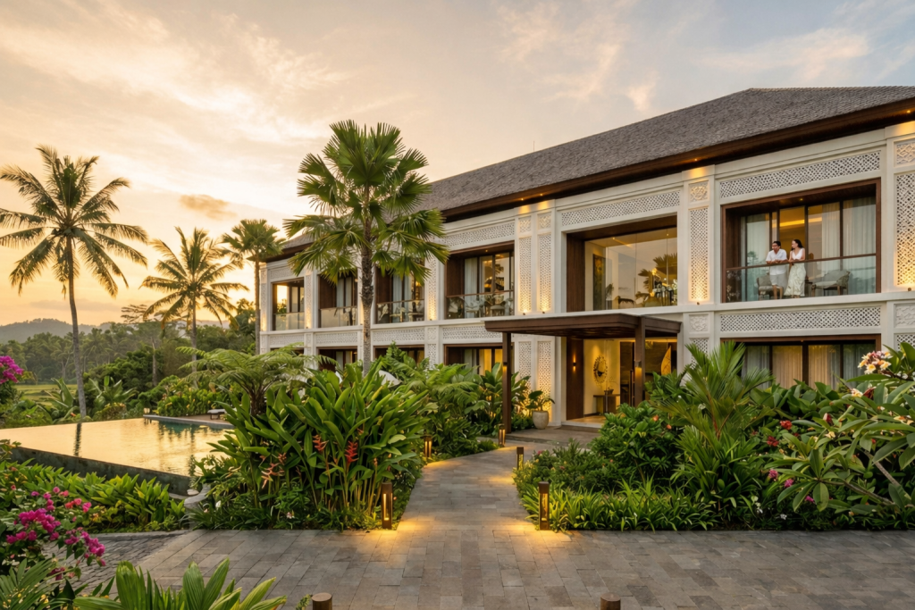 Fasad hotel berbahan GRC menghadirkan tampilan premium yang tahan lama dan estetis di berbagai kondisi iklim tropis Indonesia.