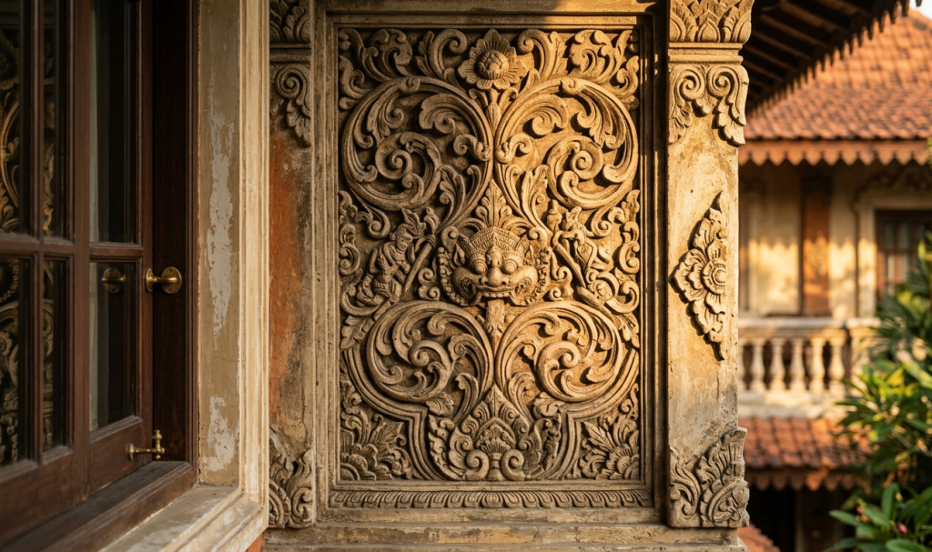 Ornamen GRC dengan motif tradisional menghadirkan identitas budaya lokal yang kuat pada fasad hotel butik dan heritage.