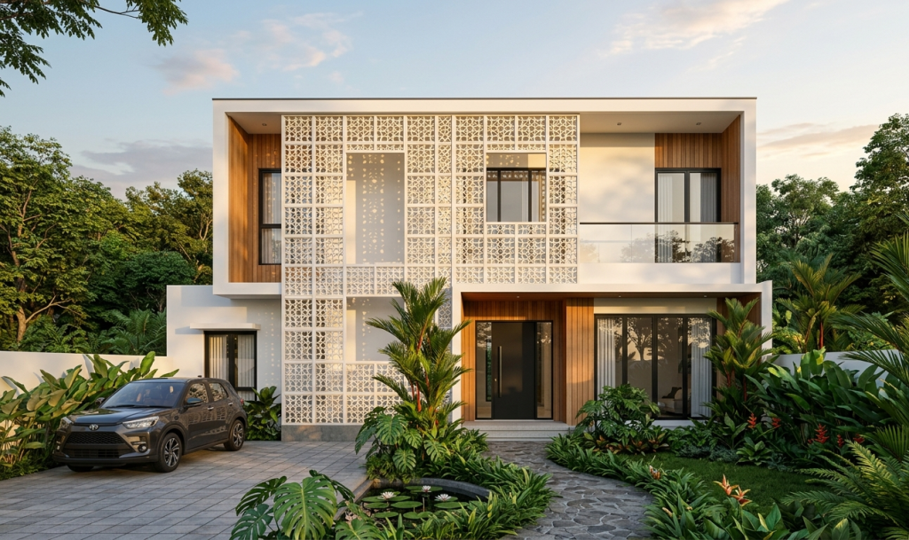 gemini generated image 4y0ecj4y0ecj4y0e Fasad GRC Krawangan menghadirkan permainan cahaya dan bayangan yang dinamis sekaligus berfungsi sebagai ventilasi alami pada berbagai jenis bangunan.