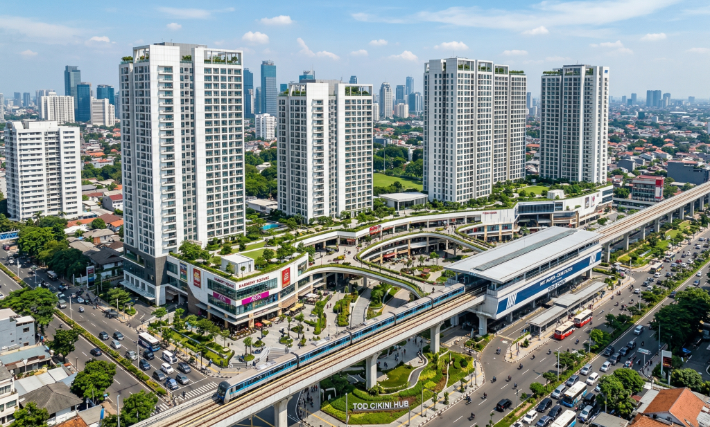 Kawasan TOD mengintegrasikan hunian vertikal, area komersial, ruang publik, dan akses transportasi dalam satu ekosistem urban yang komprehensif menuntut standar fasad yang lebih tinggi dari hunian biasa.