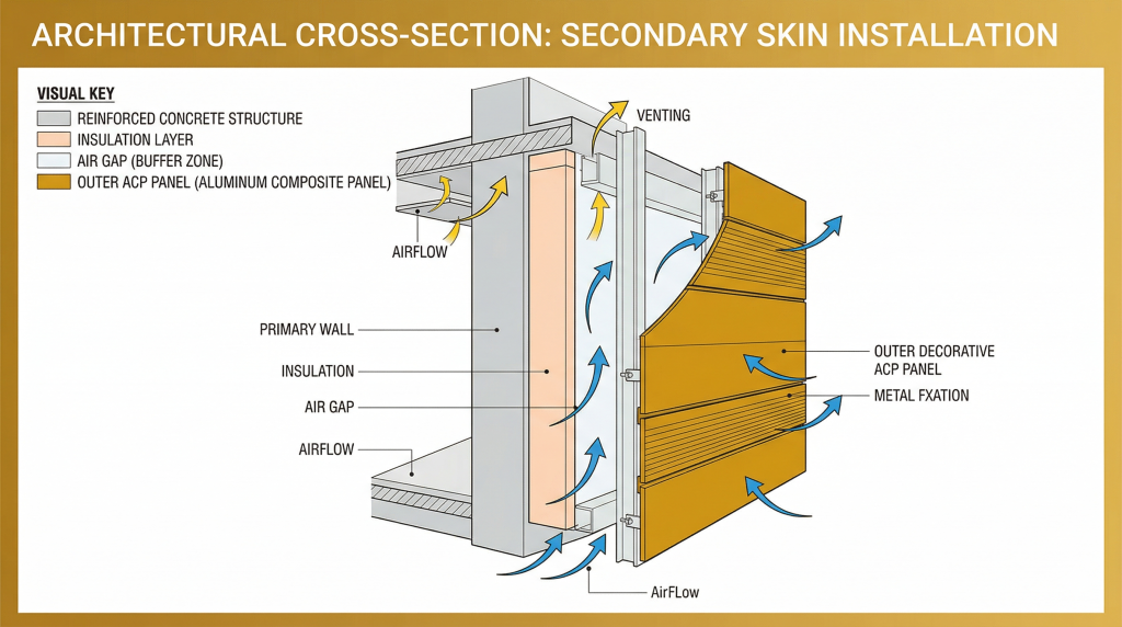 Ruang udara antara dinding utama dan secondary skin menciptakan buffer zone yang secara alami meredam panas dan meningkatkan kenyamanan termal ruangan di dalamnya.