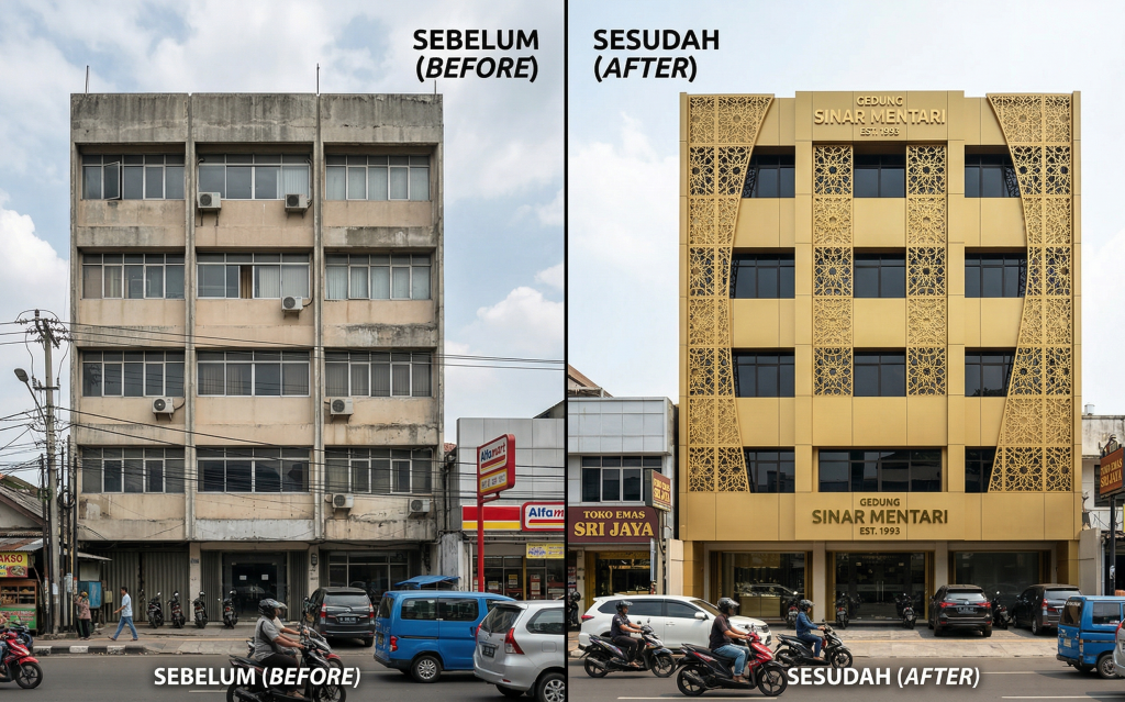 Penambahan ACP Ornament Gold pada fasad yang sebelumnya terlihat biasa mampu mentransformasi tampilan bangunan secara dramatis tanpa perlu renovasi struktural besar-besaran.