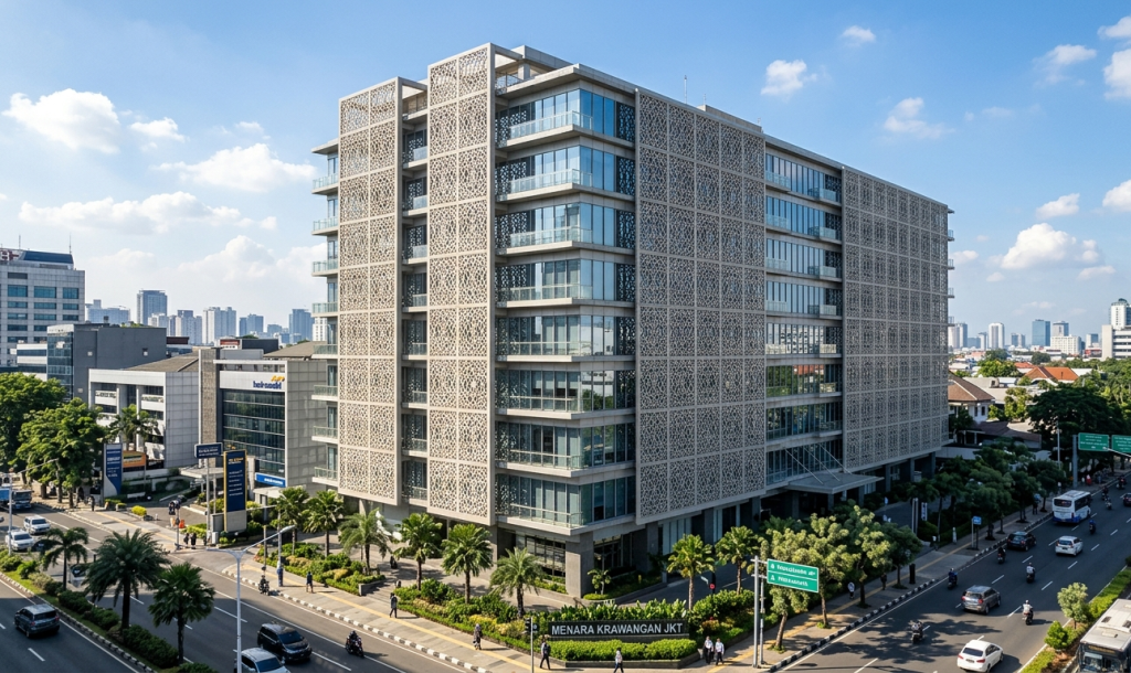 GRC Krawangan pada gedung perkantoran berfungsi ganda sebagai sun screen yang mengurangi paparan panas dan elemen estetis yang memperkuat identitas visual bangunan.