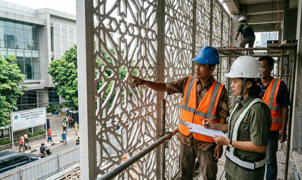 Serat kaca tahan alkali yang terdistribusi merata di dalam matriks semen menjadi pembeda utama GRC dari beton konvensional, memberikan kekuatan lentur tanpa membutuhkan tulangan baja.