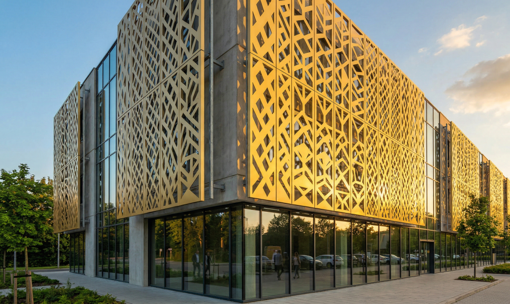 ACP Ornament Artikon yang dipasang sebagai secondary skin menghadirkan lapisan dekoratif sekaligus fungsional yang memperkuat identitas visual bangunan secara menyeluruh.