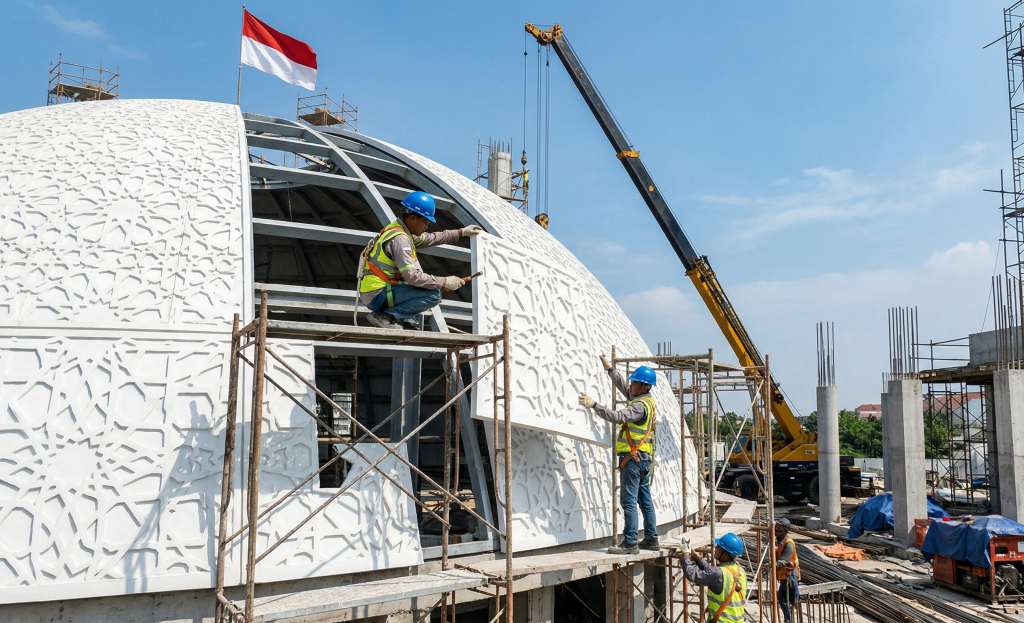 Panel kubah GRC diproduksi di pabrik dengan presisi tinggi lalu dirakit di lokasi, mempercepat proses konstruksi sekaligus memastikan kualitas yang konsisten di setiap bagian kubah.