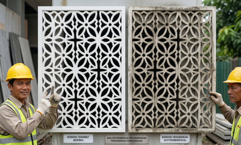 Perbedaan kondisi antara panel GRC yang dirawat secara rutin dengan yang dibiarkan tanpa perhatian terlihat jelas pada kualitas permukaan dan ketahanan warna materialnya.
