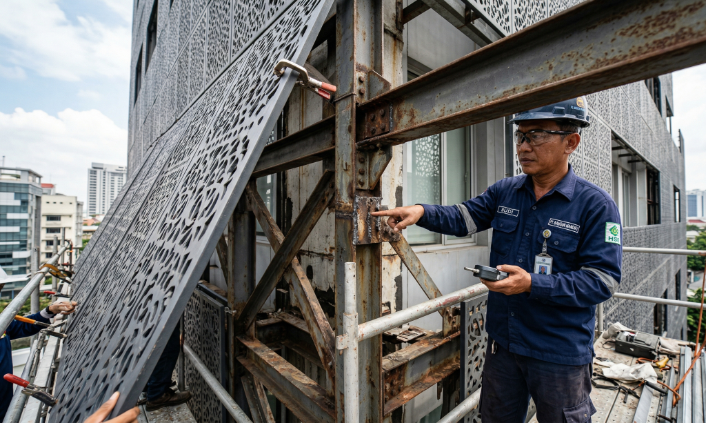 Kondisi rangka baja penyangga di balik panel GRC perlu diperiksa secara berkala karena korosi atau kendurnya sistem pengikat dapat mempengaruhi stabilitas panel dalam jangka panjang.