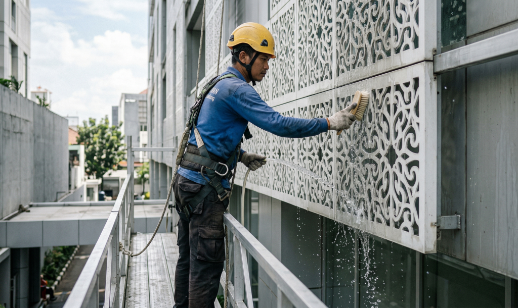 Pembersihan menggunakan air bersih dan sikat berbulu lembut sudah memadai untuk perawatan rutin panel GRC, tanpa memerlukan bahan kimia keras yang berpotensi merusak permukaan.