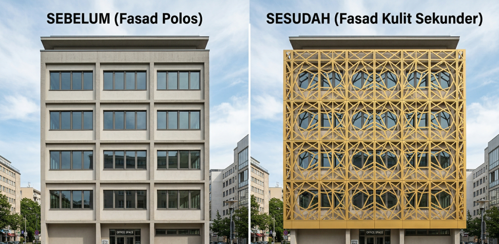 Perbedaan visual sebelum dan sesudah pemasangan secondary skin ACP Ornament transformasi karakter fasad yang terasa instan namun hasilnya jangka panjang.