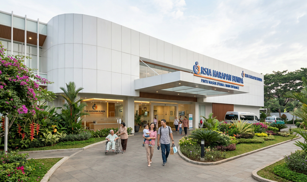Fasad rumah sakit yang bersih, terawat, dan dikelilingi elemen hijau memberikan kesan pertama yang menenangkan bagi pasien dan keluarga yang datang dalam kondisi penuh kekhawatiran.