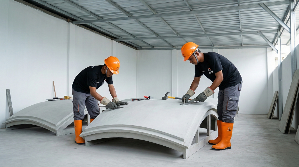 Mengenal Kubah GRC: Mengapa Material Ini Menggeser Baja dan Beton pada Masjid Modern Proses fabrikasi kubah GRC dilakukan di workshop secara prefabrikasi, memungkinkan pekerjaan konstruksi masjid di lokasi tetap berjalan paralel tanpa harus menunggu kubah selesai dibuat.