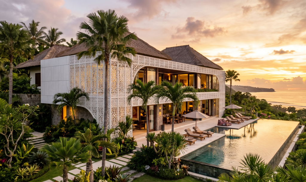 GRC hadir sebagai material fasad yang mampu menyeimbangkan estetika tropis Bali, ketahanan terhadap iklim pesisir, dan fleksibilitas desain yang dibutuhkan villa serta hunian premium modern.